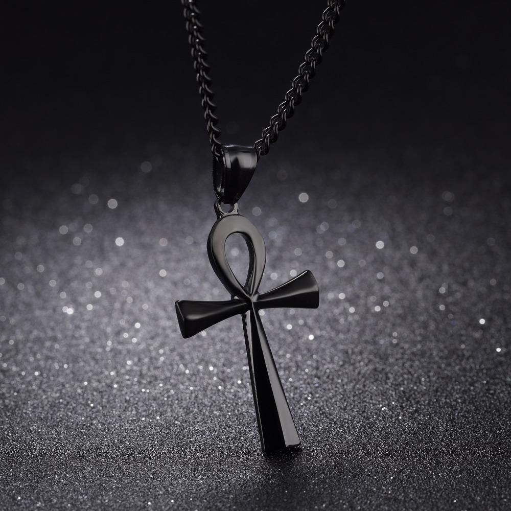 60cm Titanium Steel Ancient Egyptian Cross Necklace With Bow Glossy Double Elements, Gold, Silver And Black Three Colors Optional, Sweat-proof And Rust-proof, European And American Light Luxury Men's