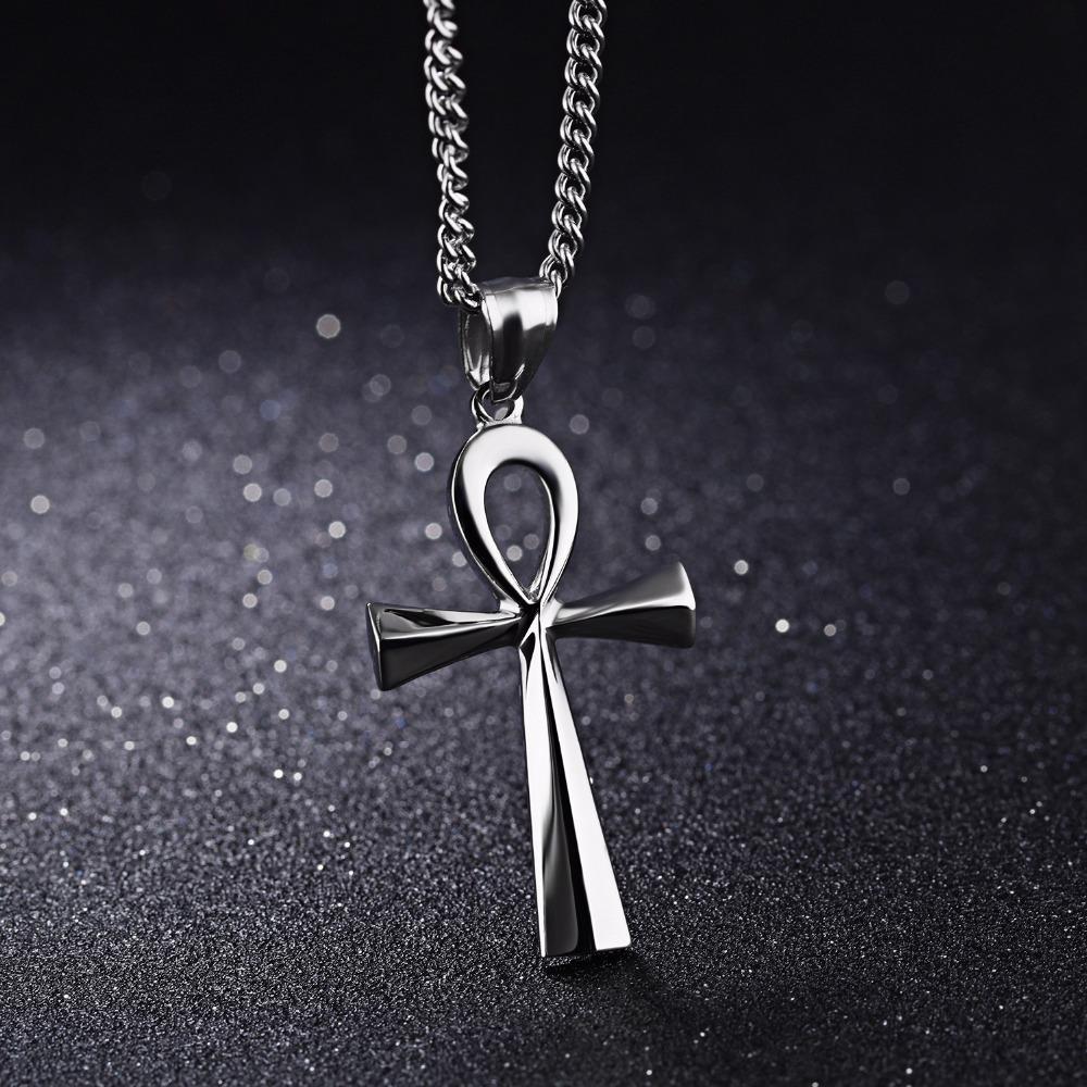 60cm Titanium Steel Ancient Egyptian Cross Necklace With Bow Glossy Double Elements, Gold, Silver And Black Three Colors Optional, Sweat-proof And Rust-proof, European And American Light Luxury Men's