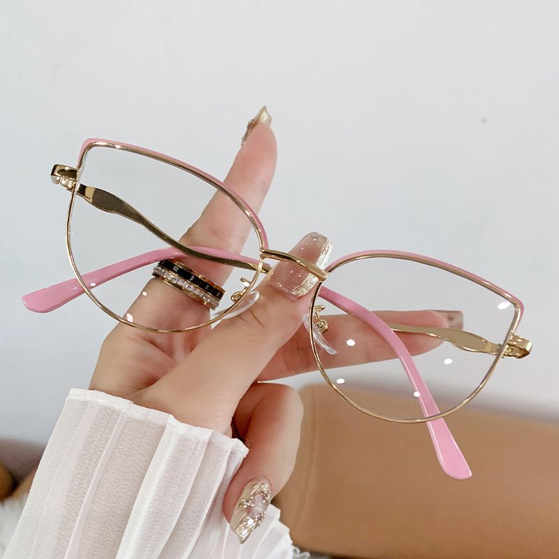 Fashion Accessories > Accessories > Women Accessories > Sunglasses & Eyewear Accessories > Sunglasses 2025 Trendy Cat Eye Glasses Women European Metal Frame Blue Light Blocking Flat Lense