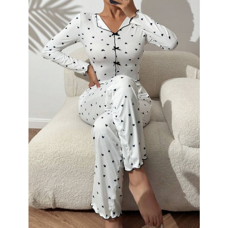 Women's Clothing European and American Style Love Printed Pajamas Set for Women's Long-sleeved Lapel Home Clothes + Trousers Two-piece Set Casual and Comfortable to Wear Outside Soft Suit