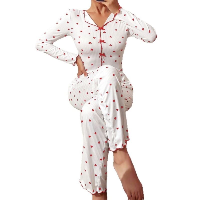 Women's Clothing European and American Style Love Printed Pajamas Set for Women's Long-sleeved Lapel Home Clothes + Trousers Two-piece Set Casual and Comfortable to Wear Outside Soft Suit