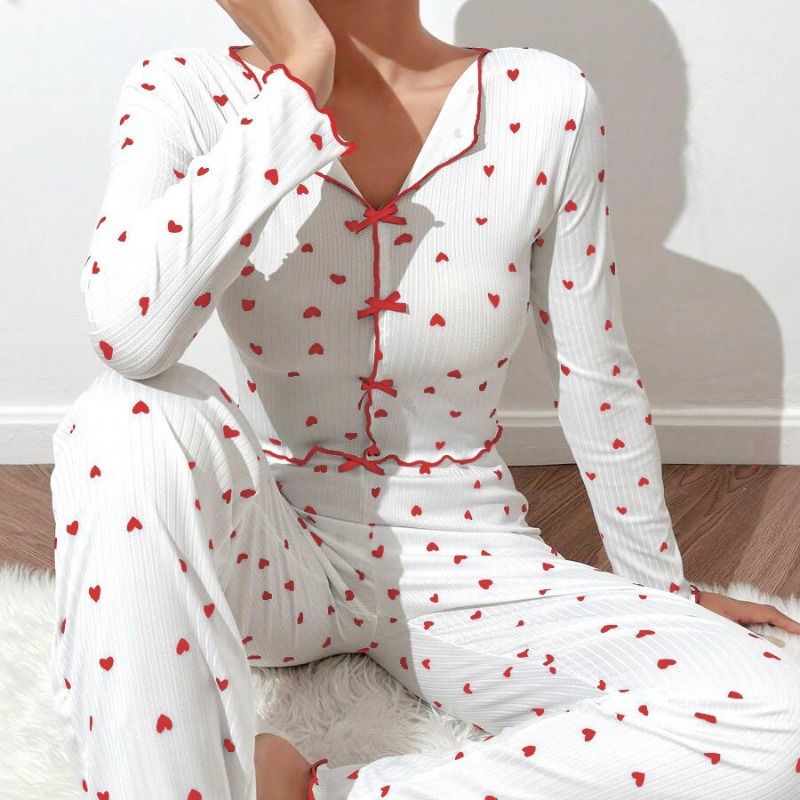 Women's Clothing European and American Style Love Printed Pajamas Set for Women's Long-sleeved Lapel Home Clothes + Trousers Two-piece Set Casual and Comfortable to Wear Outside Soft Suit
