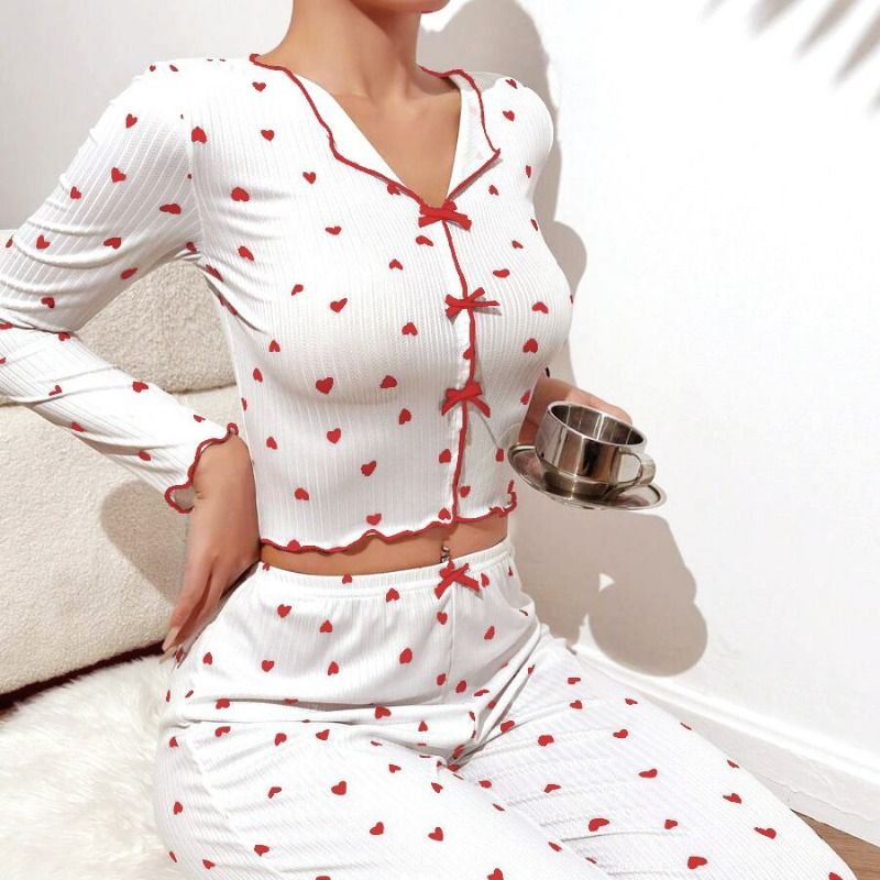 Women's Clothing European and American Style Love Printed Pajamas Set for Women's Long-sleeved Lapel Home Clothes + Trousers Two-piece Set Casual and Comfortable to Wear Outside Soft Suit