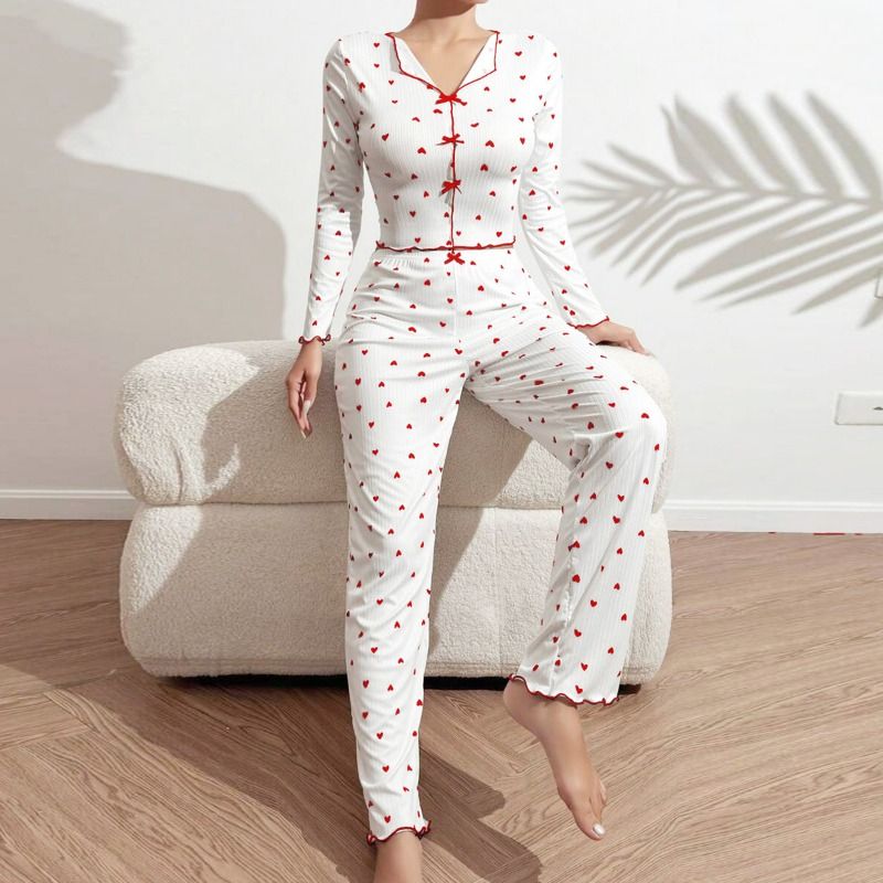 Women's Clothing European and American Style Love Printed Pajamas Set for Women's Long-sleeved Lapel Home Clothes + Trousers Two-piece Set Casual and Comfortable to Wear Outside Soft Suit