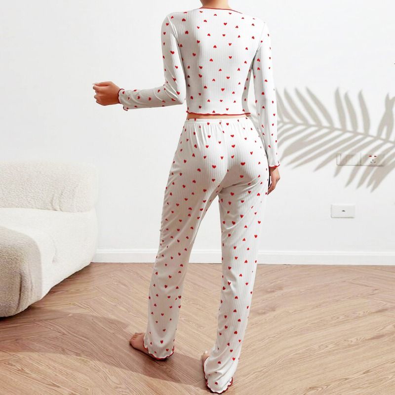 Women's Clothing European and American Style Love Printed Pajamas Set for Women's Long-sleeved Lapel Home Clothes + Trousers Two-piece Set Casual and Comfortable to Wear Outside Soft Suit