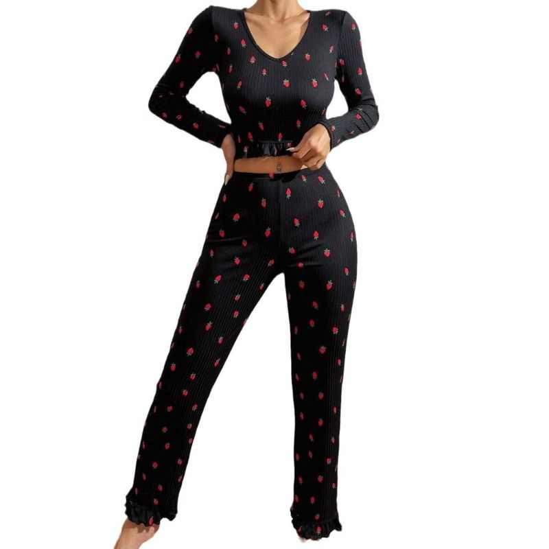 Clothes > Women's Clothing > Sleep & Lounge > Nightgowns & Sleepshirts EURO CHIC Ruffle Trim Pajama Set - Blouse & Palazzo Pants  Womens Luxury Loungewear