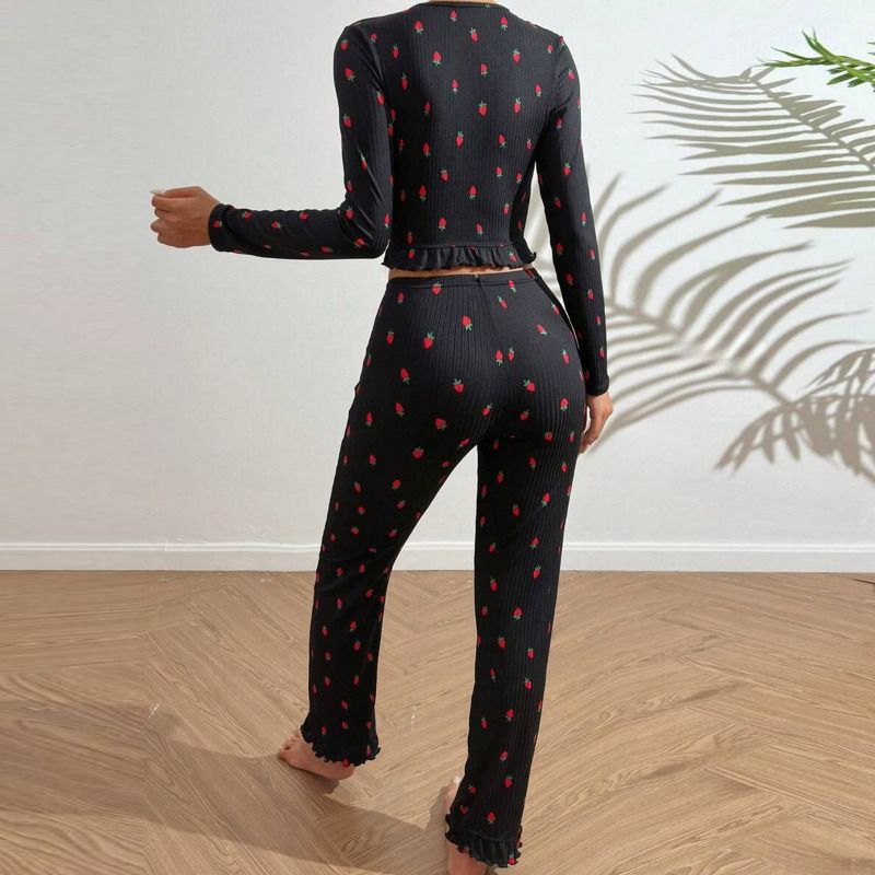 Clothes > Women's Clothing > Sleep & Lounge > Nightgowns & Sleepshirts EURO CHIC Ruffle Trim Pajama Set - Blouse & Palazzo Pants  Womens Luxury Loungewear