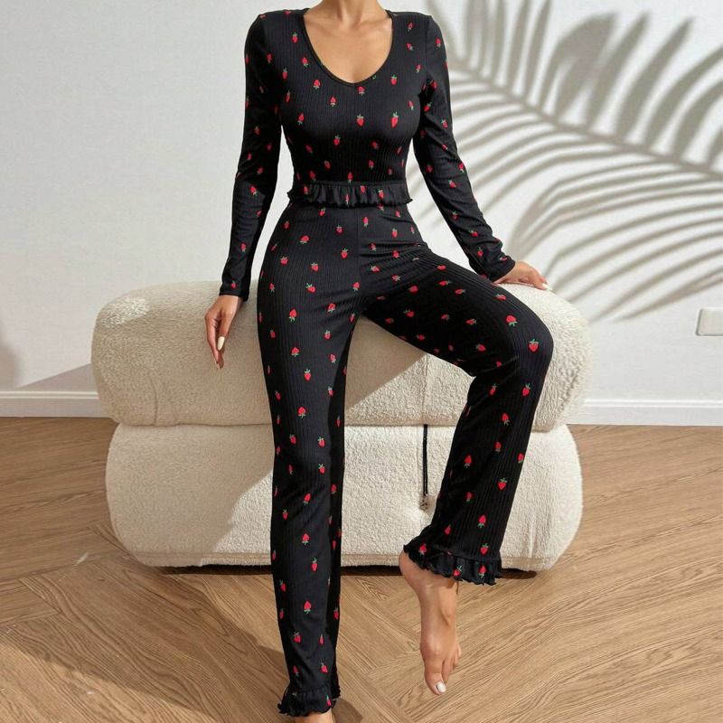 Clothes > Women's Clothing > Sleep & Lounge > Nightgowns & Sleepshirts EURO CHIC Ruffle Trim Pajama Set - Blouse & Palazzo Pants  Womens Luxury Loungewear