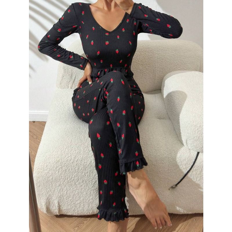 Clothes > Women's Clothing > Sleep & Lounge > Nightgowns & Sleepshirts EURO CHIC Ruffle Trim Pajama Set - Blouse & Palazzo Pants  Womens Luxury Loungewear
