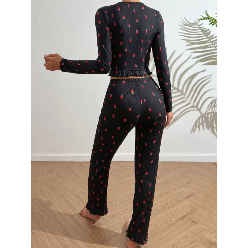 Clothes > Women's Clothing > Sleep & Lounge > Nightgowns & Sleepshirts EURO CHIC Ruffle Trim Pajama Set - Blouse & Palazzo Pants  Womens Luxury Loungewear
