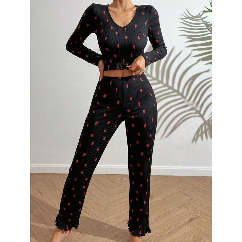 Clothes > Women's Clothing > Sleep & Lounge > Nightgowns & Sleepshirts EURO CHIC Ruffle Trim Pajama Set - Blouse & Palazzo Pants  Womens Luxury Loungewear