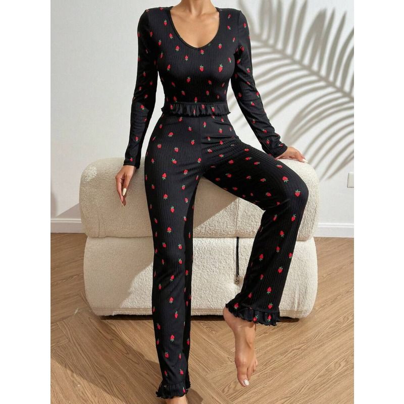 Clothes > Women's Clothing > Sleep & Lounge > Nightgowns & Sleepshirts EURO CHIC Ruffle Trim Pajama Set - Blouse & Palazzo Pants  Womens Luxury Loungewear