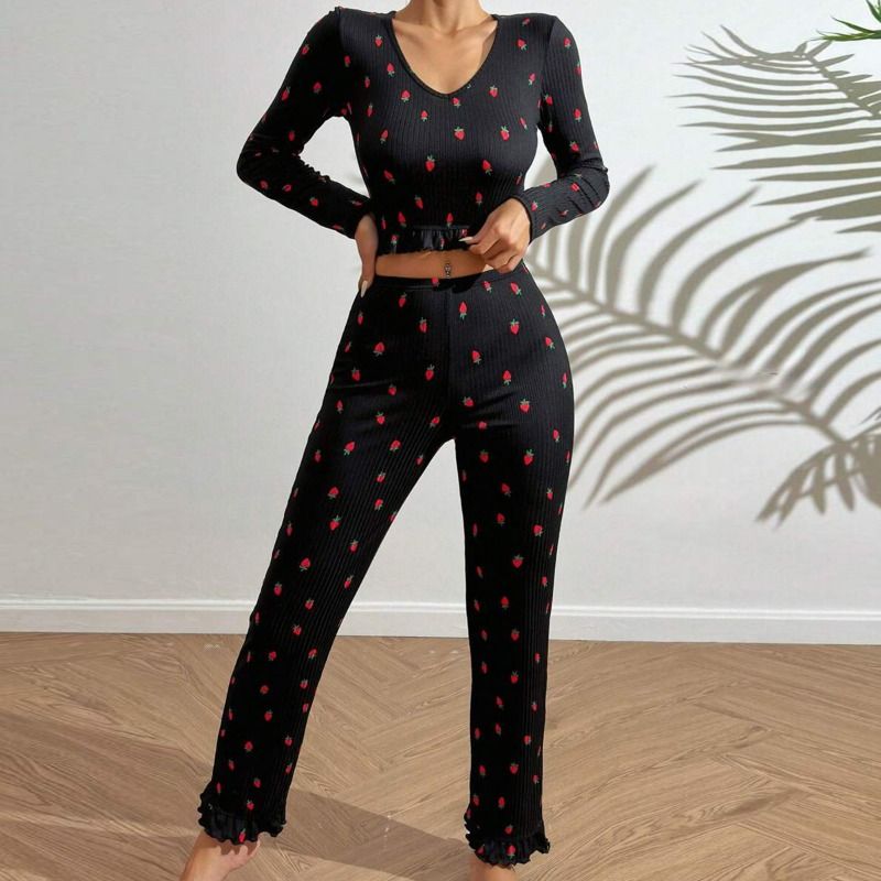 Clothes > Women's Clothing > Sleep & Lounge > Nightgowns & Sleepshirts EURO CHIC Ruffle Trim Pajama Set - Blouse & Palazzo Pants  Womens Luxury Loungewear