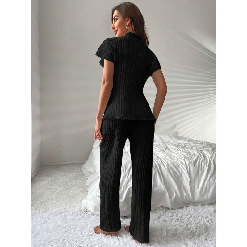 Clothes > Women's Clothing > Sleep & Lounge > Nightgowns & Sleepshirts DESIGNER SET Knit Tie-Waist Pajama - Peplum Top & Palazzo Pants  Womens Luxury Loungewear