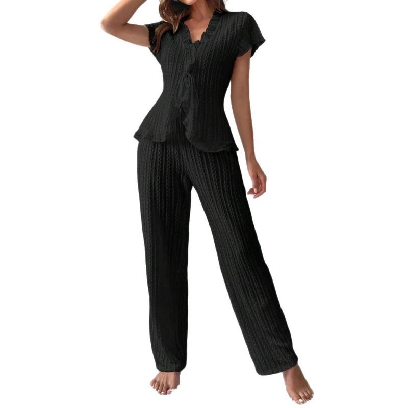 Clothes > Women's Clothing > Sleep & Lounge > Nightgowns & Sleepshirts DESIGNER SET Knit Tie-Waist Pajama - Peplum Top & Palazzo Pants  Womens Luxury Loungewear
