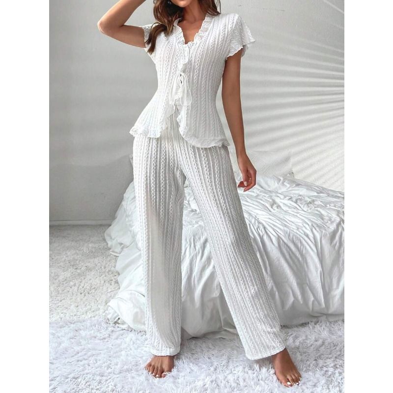 Clothes > Women's Clothing > Sleep & Lounge > Nightgowns & Sleepshirts DESIGNER SET Knit Tie-Waist Pajama - Peplum Top & Palazzo Pants  Womens Luxury Loungewear