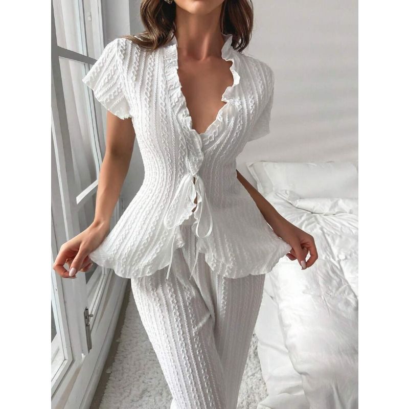 Clothes > Women's Clothing > Sleep & Lounge > Nightgowns & Sleepshirts DESIGNER SET Knit Tie-Waist Pajama - Peplum Top & Palazzo Pants  Womens Luxury Loungewear
