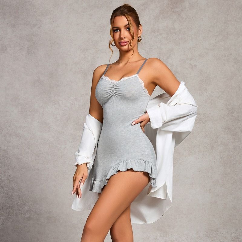 Clothes > Women's Clothing > Sleep & Lounge > Nightgowns & Sleepshirts  European and American Nightgowns Sexy Ruffle Irregular Slim Fit Slim Suspender Lace Lace Dress Dress for Women