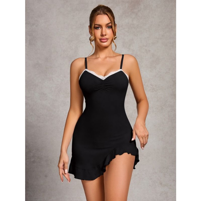 Clothes > Women's Clothing > Sleep & Lounge > Nightgowns & Sleepshirts  European and American Nightgowns Sexy Ruffle Irregular Slim Fit Slim Suspender Lace Lace Dress Dress for Women