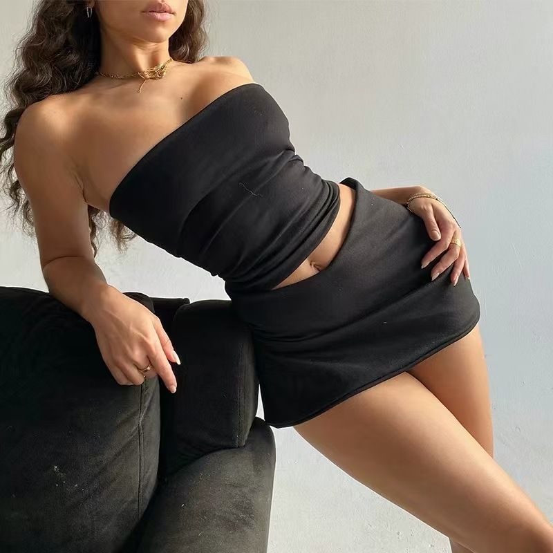 Clothes > Women's Clothing > Dresses  New Summer Hot Girl Style Suit One-length Strapless Short Navel-exposed Slim Hip-pack Skirt Two-piece Skirt