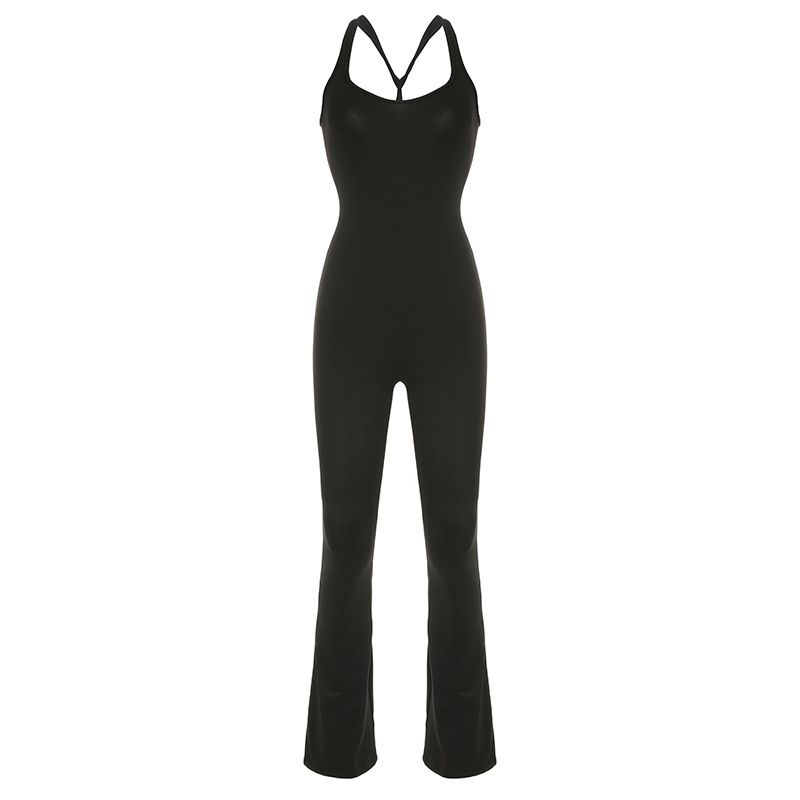 Clothes > Women's Clothing > Dresses European and American Style Sports and Casual Women's Clothing Hot Girls Street Slim Solid Color Bell-bottom Pants Sexy Suspender Jumpsuit Trousers