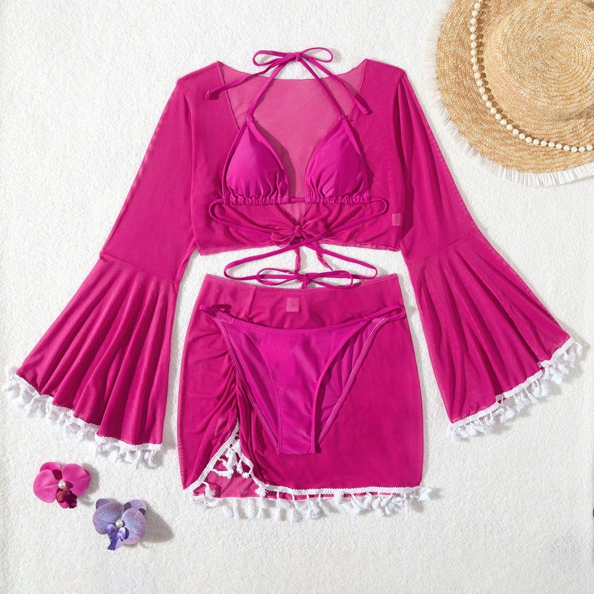 Clothes > Women's Clothing > Swimwear > Bikinis New Ins Style Tassel Mesh Blouse Short Skirt Four-piece Bikini Swimsuit Women
