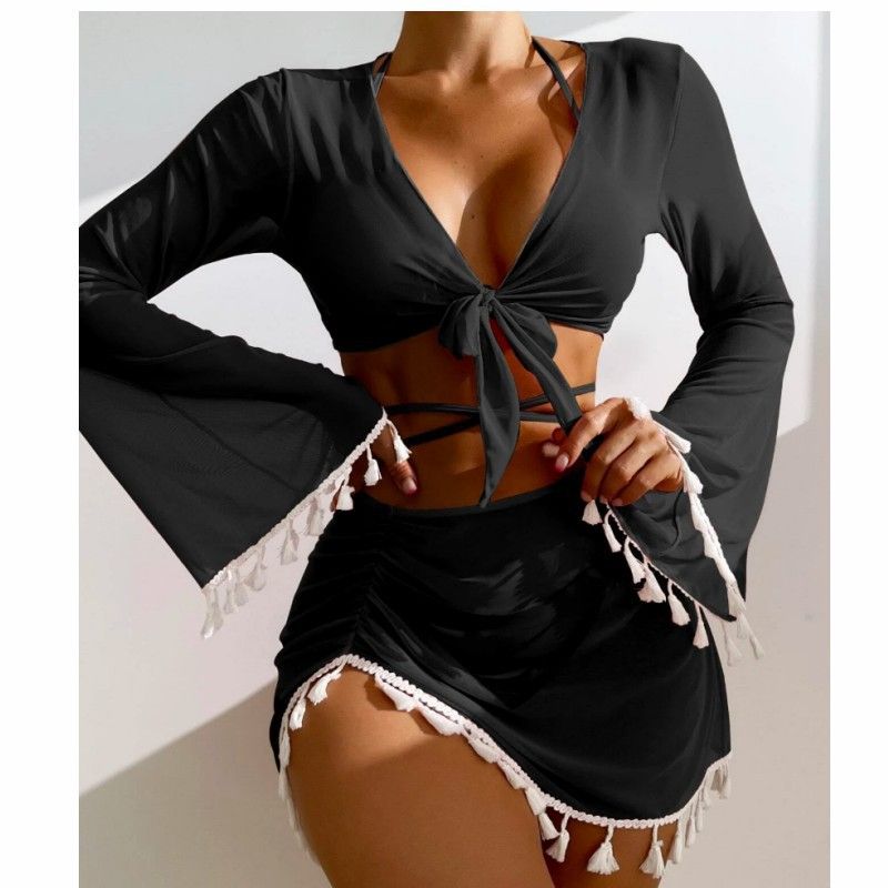Clothes > Women's Clothing > Swimwear > Bikinis New Ins Style Tassel Mesh Blouse Short Skirt Four-piece Bikini Swimsuit Women