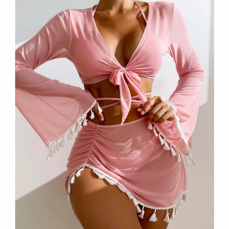 Clothes > Women's Clothing > Swimwear > Bikinis New Ins Style Tassel Mesh Blouse Short Skirt Four-piece Bikini Swimsuit Women