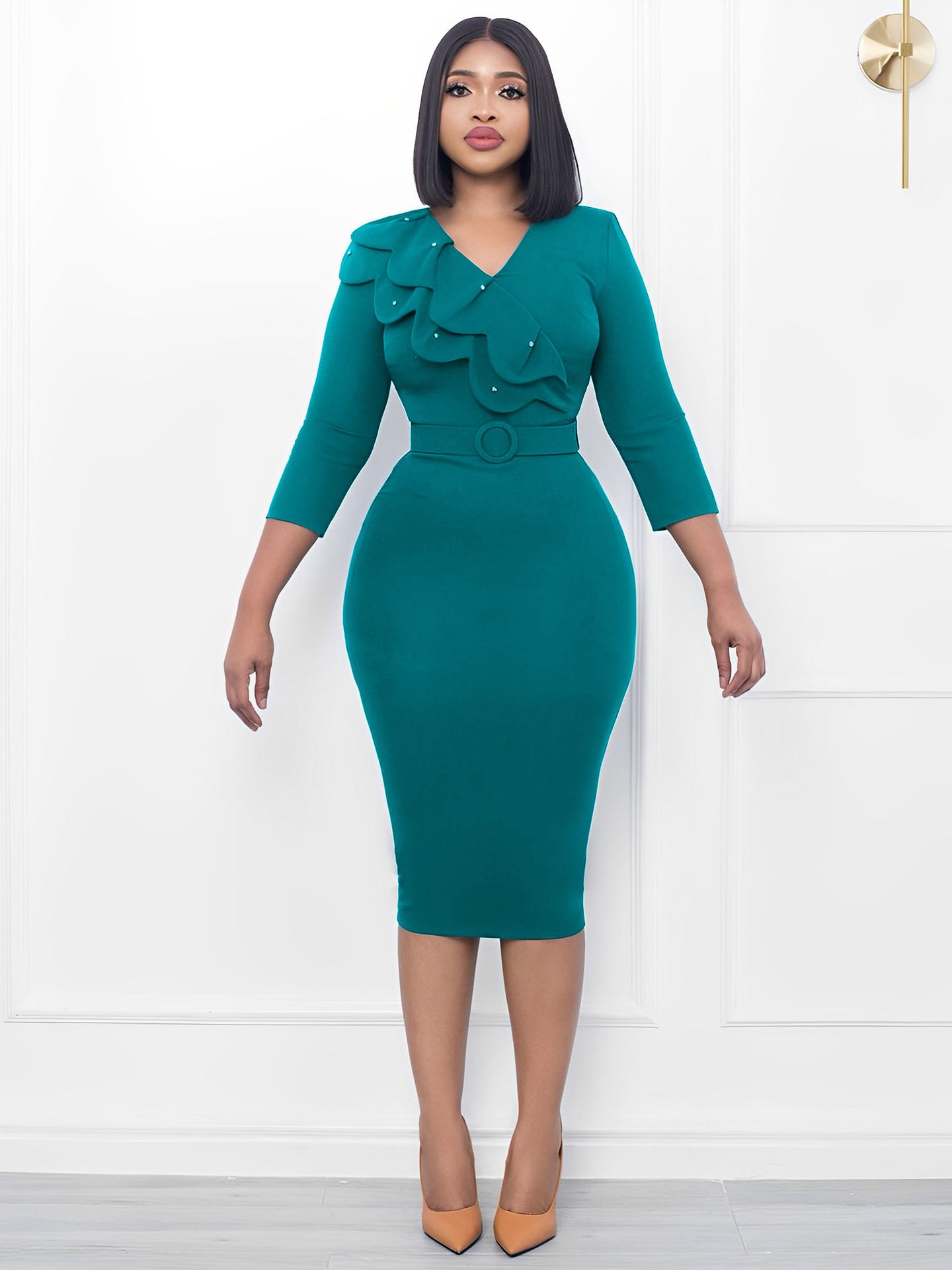 Clothes > Women's Clothing > Dresses African Women's Dress with Large Size Elegant Temperament Double-layer Collar Nail BeadsVCollar Wrap Skirt European and American Dress