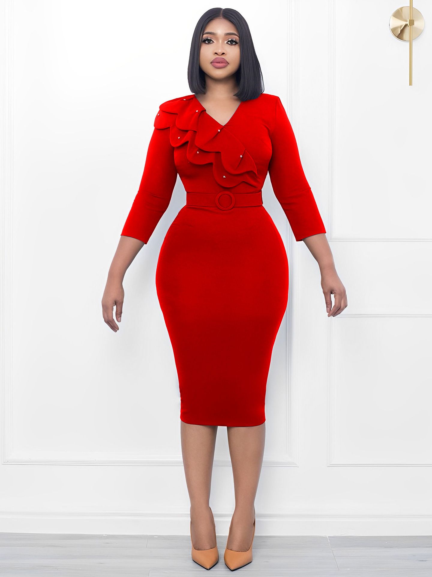 Clothes > Women's Clothing > Dresses African Women's Dress with Large Size Elegant Temperament Double-layer Collar Nail BeadsVCollar Wrap Skirt European and American Dress