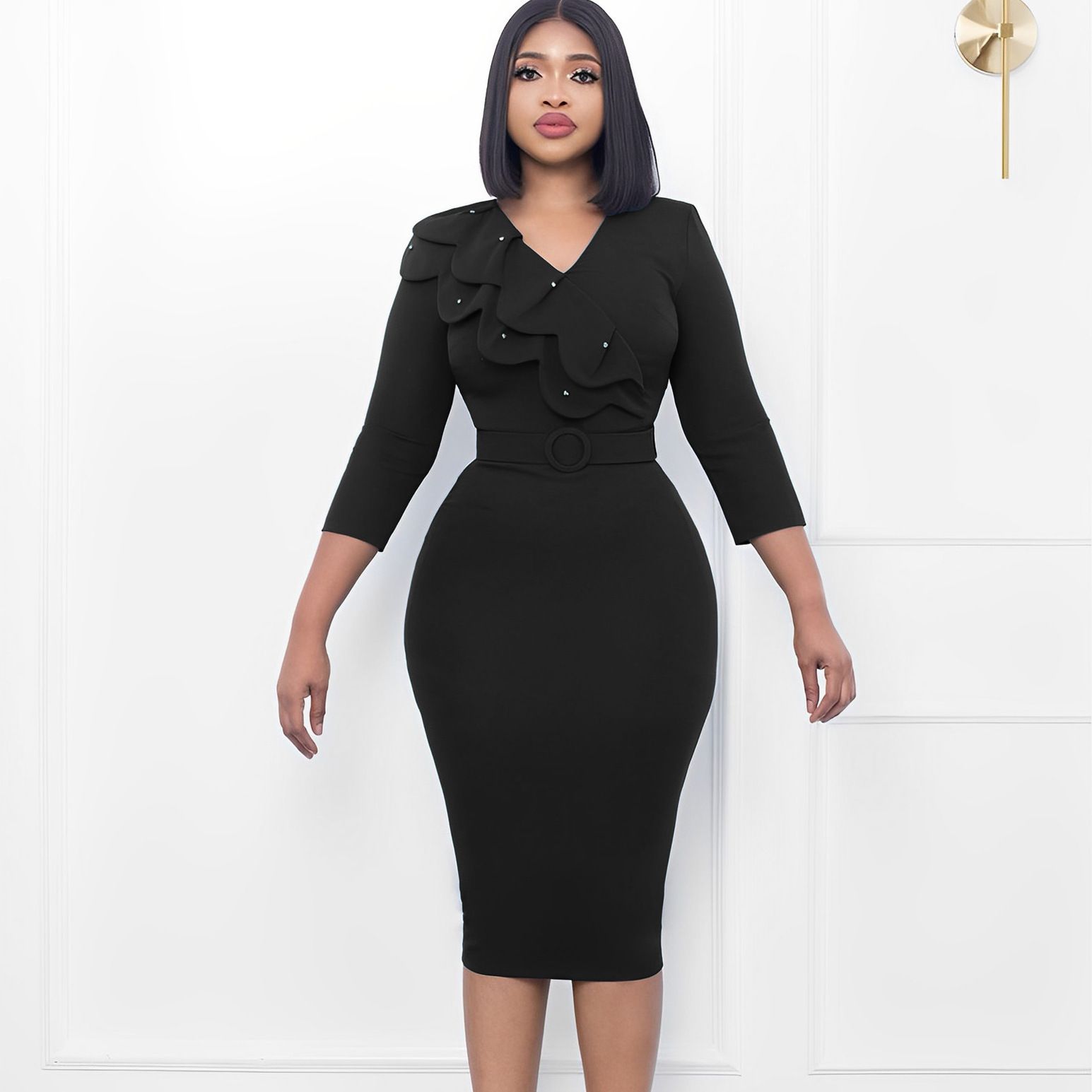 Clothes > Women's Clothing > Dresses African Women's Dress with Large Size Elegant Temperament Double-layer Collar Nail BeadsVCollar Wrap Skirt European and American Dress
