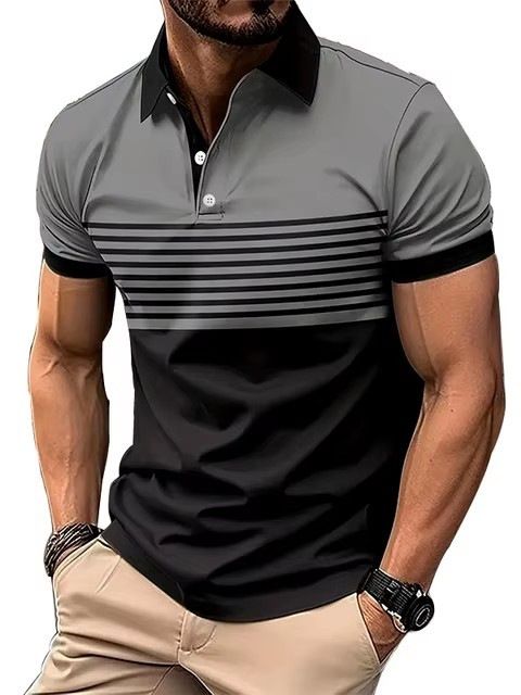 Clothes > Men's Clothing > Tops > T-Shirts  Plus Size Men's Polo Shirt🔥 S-5XL 3D Print Stripe T-Shirt, Business Casual Short Sleeve