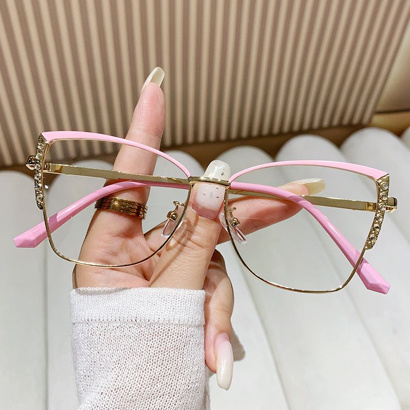 Women Accessories > Sunglasses & Eyewear Accessories > Sunglasses European and American Cat Eye Glasses Frame for Women Metal Diamond-set GlassesinsColor-changing Anti-blue Light Glasses