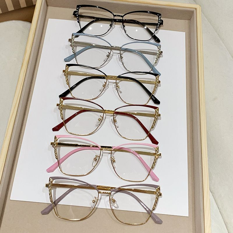 Women Accessories > Sunglasses & Eyewear Accessories > Sunglasses European and American Cat Eye Glasses Frame for Women Metal Diamond-set GlassesinsColor-changing Anti-blue Light Glasses