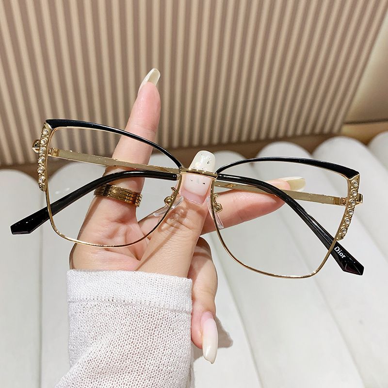 Women Accessories > Sunglasses & Eyewear Accessories > Sunglasses European and American Cat Eye Glasses Frame for Women Metal Diamond-set GlassesinsColor-changing Anti-blue Light Glasses