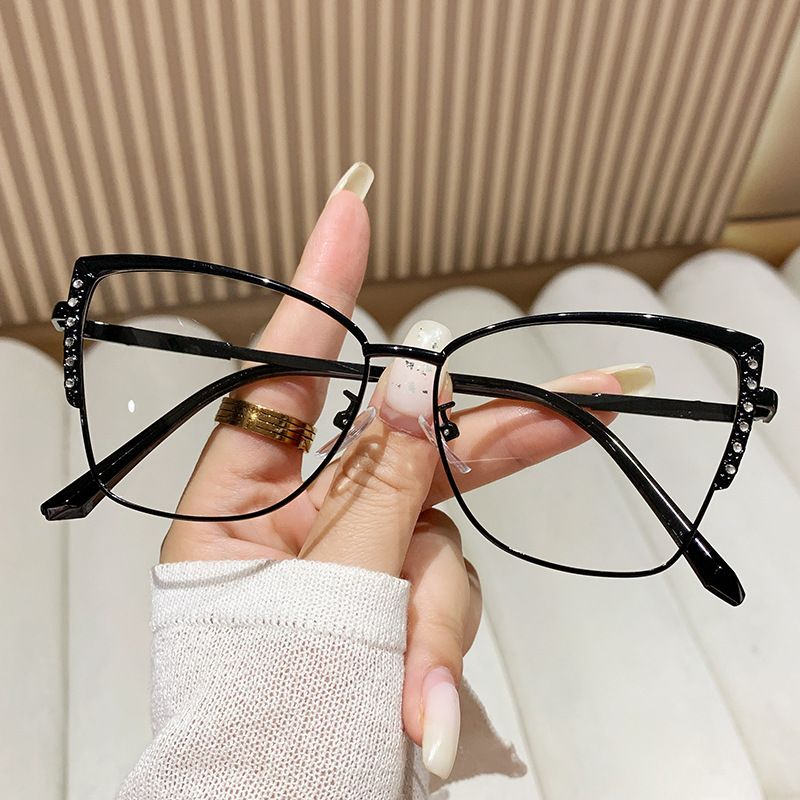 Women Accessories > Sunglasses & Eyewear Accessories > Sunglasses European and American Cat Eye Glasses Frame for Women Metal Diamond-set GlassesinsColor-changing Anti-blue Light Glasses