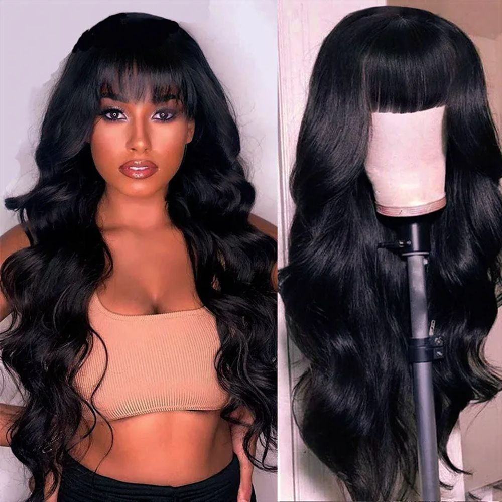Health & Beauty > Hair > Wigs > Synthetic Wigs > Synthetic Lace Wigs New wig women with bangs, big wavy head shape, long curly hair, chemical fiber full head cover