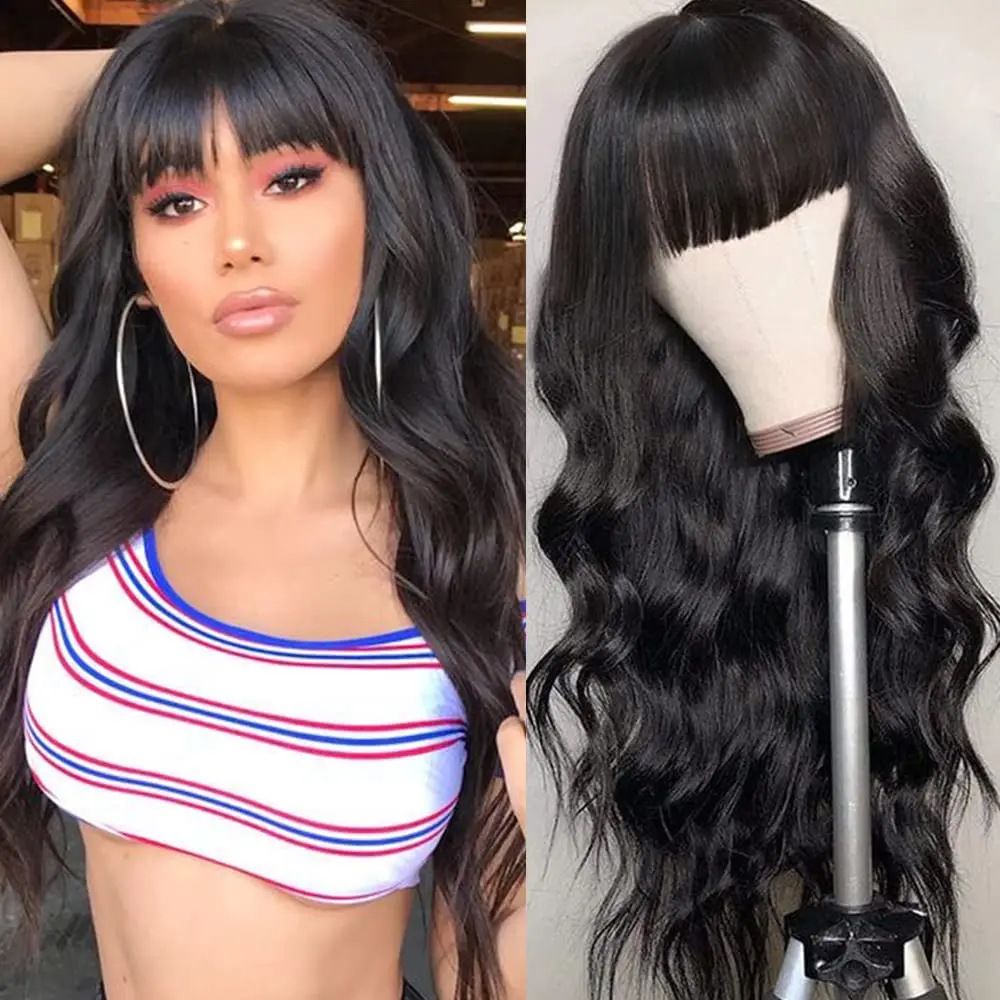 Health & Beauty > Hair > Wigs > Synthetic Wigs > Synthetic Lace Wigs New wig women with bangs, big wavy head shape, long curly hair, chemical fiber full head cover