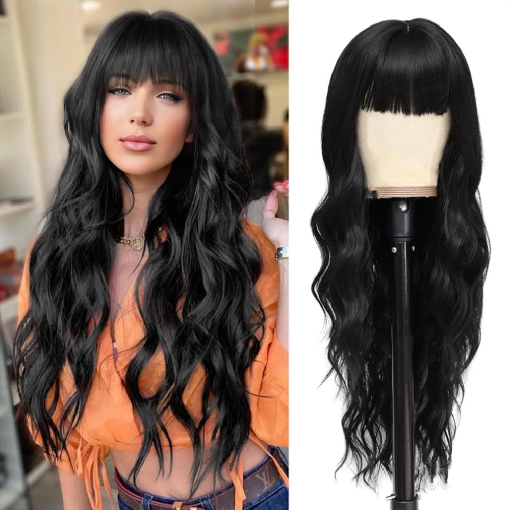 Health & Beauty > Hair > Wigs > Synthetic Wigs > Synthetic Lace Wigs New wig women with bangs, big wavy head shape, long curly hair, chemical fiber full head cover