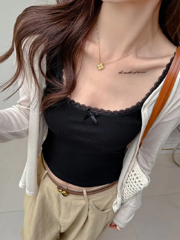 Clothes > Women's Clothing > Tops > Tanks 2025 Spring and Summer New Pure Style Lace Sling Vest for Women - Slim Top with Bow - Base Shirt for Outer - Sexy Interior and Outer Wear