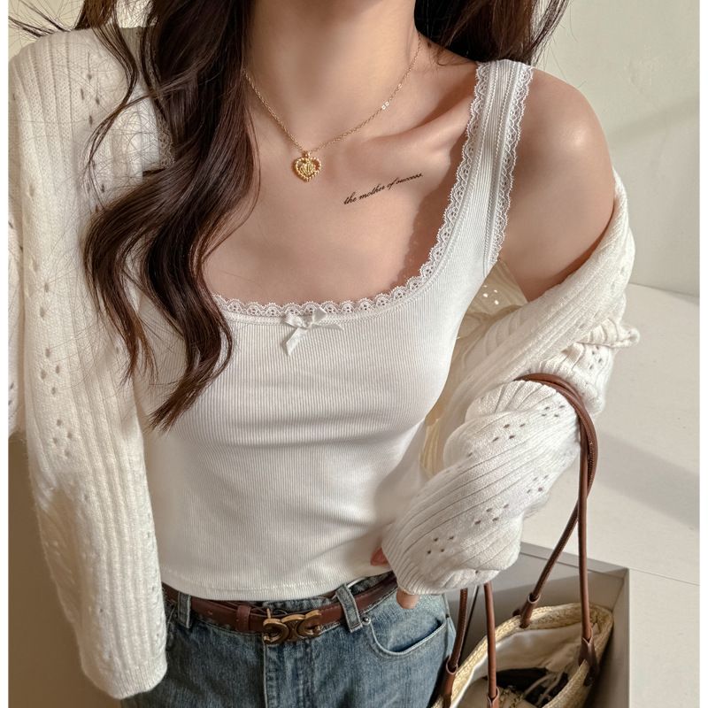 Clothes > Women's Clothing > Tops > Tanks 2025 Spring and Summer New Pure Style Lace Sling Vest for Women - Slim Top with Bow - Base Shirt for Outer - Sexy Interior and Outer Wear