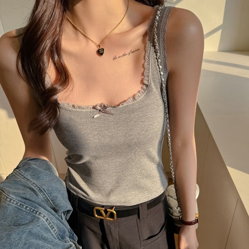Clothes > Women's Clothing > Tops > Tanks 2025 Spring and Summer New Pure Style Lace Sling Vest for Women - Slim Top with Bow - Base Shirt for Outer - Sexy Interior and Outer Wear