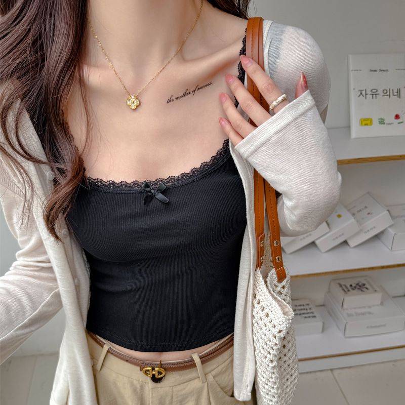 Clothes > Women's Clothing > Tops > Tanks 2025 Spring and Summer New Pure Style Lace Sling Vest for Women - Slim Top with Bow - Base Shirt for Outer - Sexy Interior and Outer Wear
