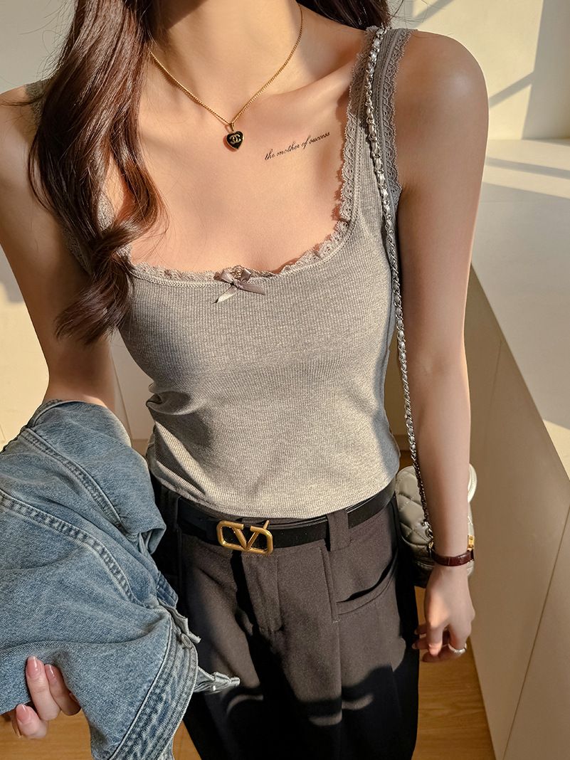 Clothes > Women's Clothing > Tops > Tanks 2025 Spring and Summer New Pure Style Lace Sling Vest for Women - Slim Top with Bow - Base Shirt for Outer - Sexy Interior and Outer Wear