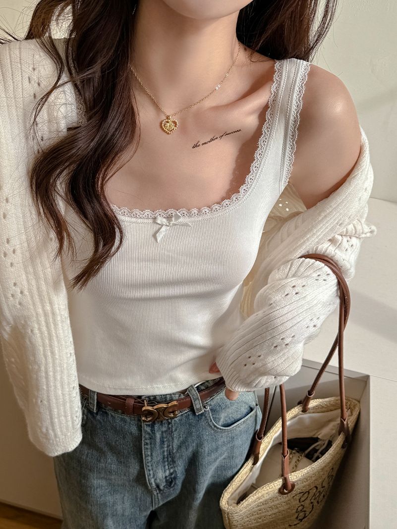 Clothes > Women's Clothing > Tops > Tanks 2025 Spring and Summer New Pure Style Lace Sling Vest for Women - Slim Top with Bow - Base Shirt for Outer - Sexy Interior and Outer Wear