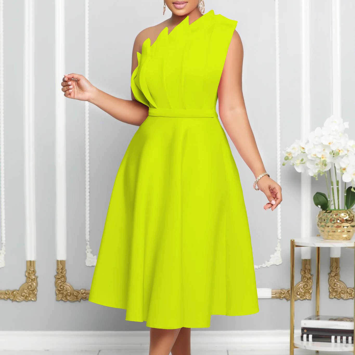 Clothes > Women's Clothing > Dresses 2025 large-size evening dress for women - diagonal collar three-dimensional wrinkled high-waist dress - popular banquet skirt - sexy slim hosting dress