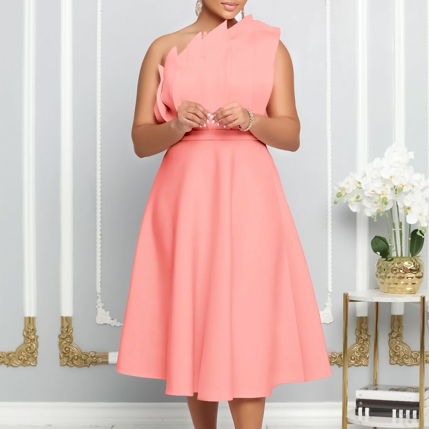 Clothes > Women's Clothing > Dresses 2025 large-size evening dress for women - diagonal collar three-dimensional wrinkled high-waist dress - popular banquet skirt - sexy slim hosting dress