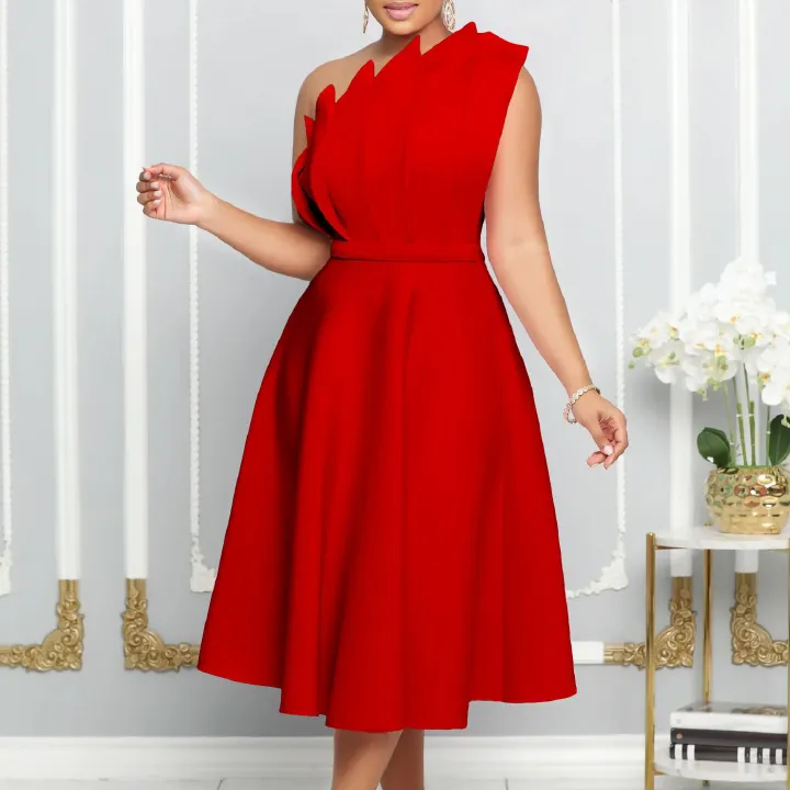 Clothes > Women's Clothing > Dresses 2025 large-size evening dress for women - diagonal collar three-dimensional wrinkled high-waist dress - popular banquet skirt - sexy slim hosting dress
