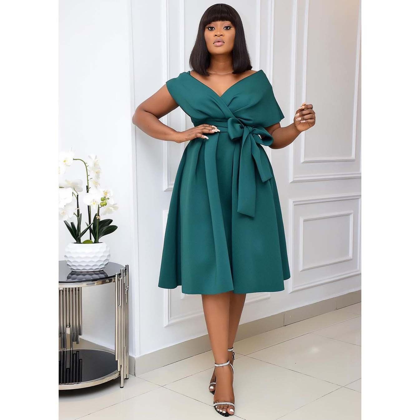 Clothes > Women's Clothing  Dresse 2025 African popular large-size evening dress - European and American style V-neck off-shoulder dress - high-waisted women's clothing - slim dress for dinner hosting