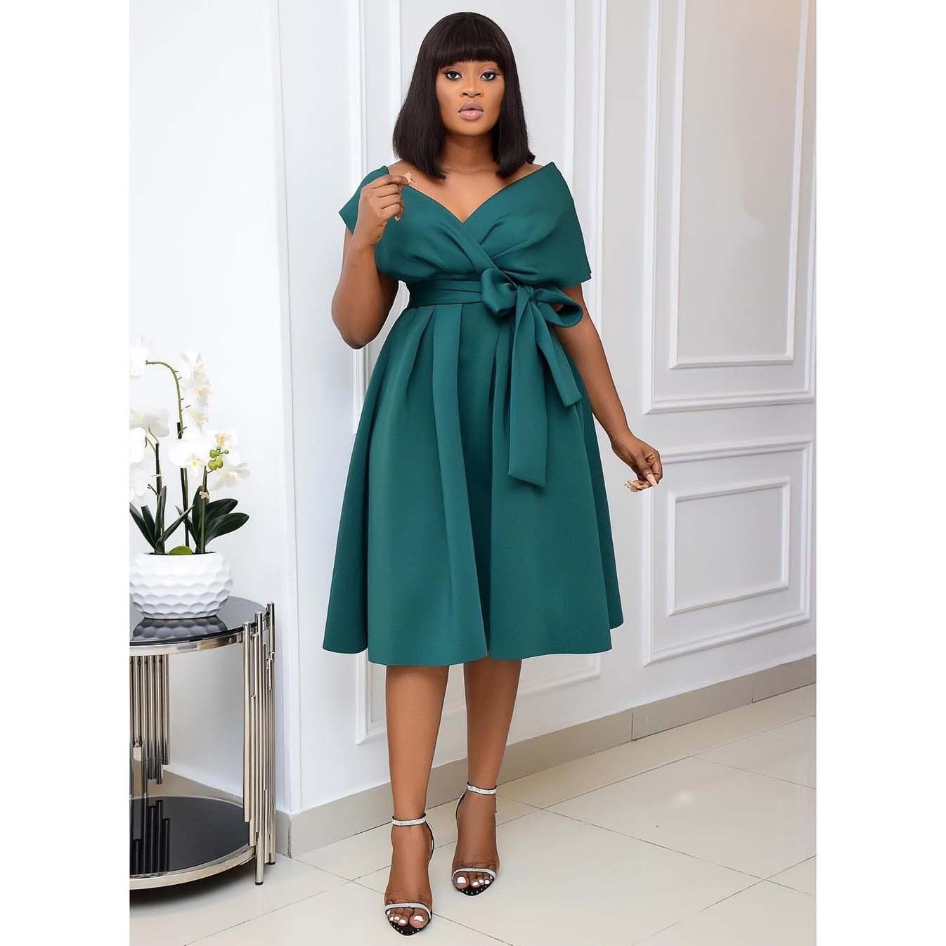 Clothes > Women's Clothing  Dresse 2025 African popular large-size evening dress - European and American style V-neck off-shoulder dress - high-waisted women's clothing - slim dress for dinner hosting